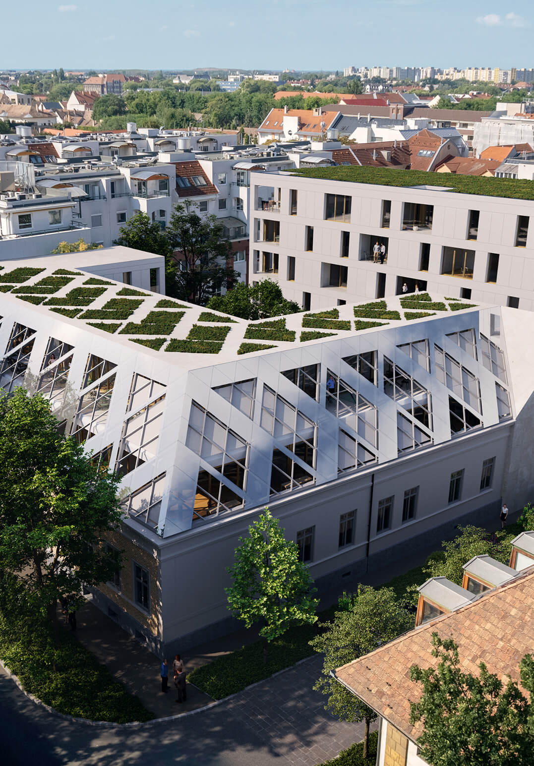 modern épület terv felülről zöld fűvel a tetején