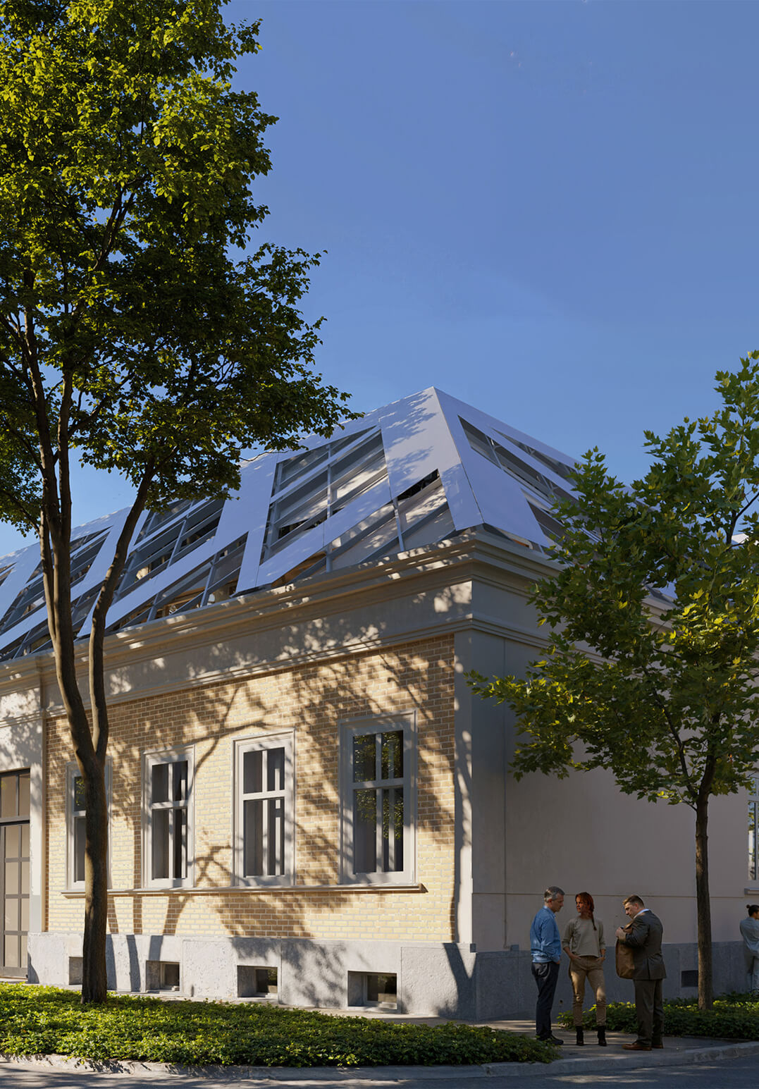 épület sarok fákkal és emberekkel